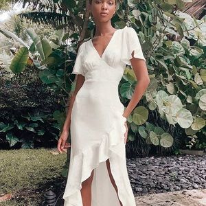 NWT Lulus Eternal Bond White Satin Ruffled Flutter Sleeve Maxi Dress